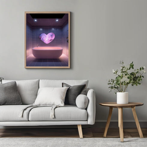 Posterizer 1 pcs-dreamy pink and purple bathroom with heart light-Bathroom Restroom Art-Gift for Men Women Teens- Bathroom, restroom Decor- unfram...